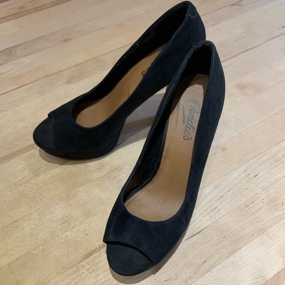 Candies black suede platform pumps.